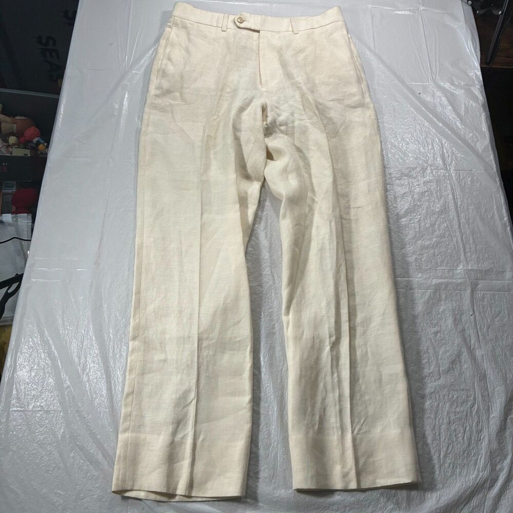 Brooks Brothers Irish Linen Pants Mens 32x30 Beige Flat Front Straight Preppy